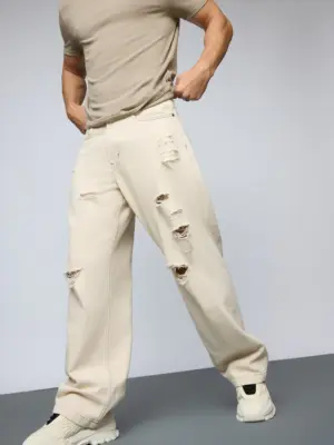 ecru escape distressed men's baggy straight jeans