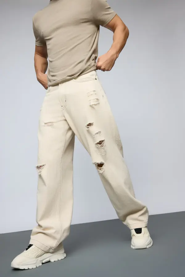 ecru escape distressed men's baggy straight jeans