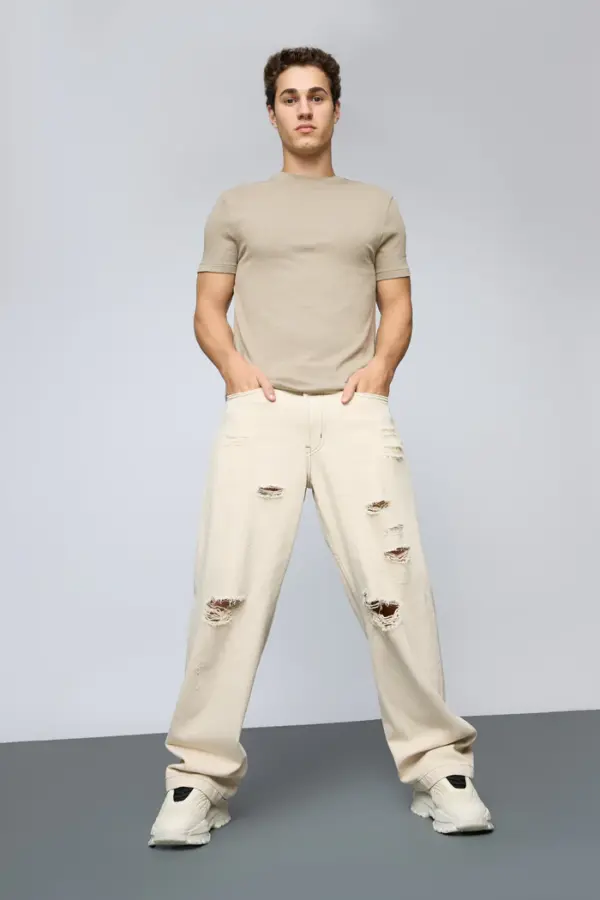 ecru escape distressed men's baggy straight jeans