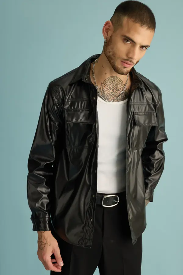 Black serpent men's leather shacket