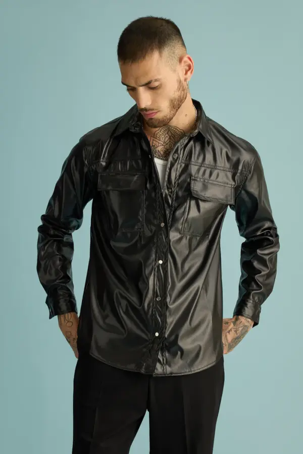Black serpent men's leather shacket