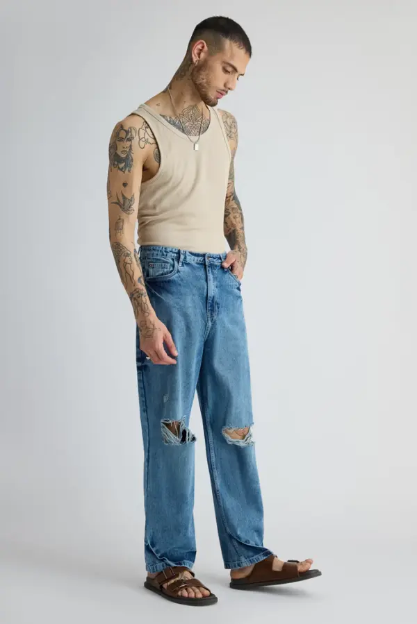 classic blue ripped men's straight jeans