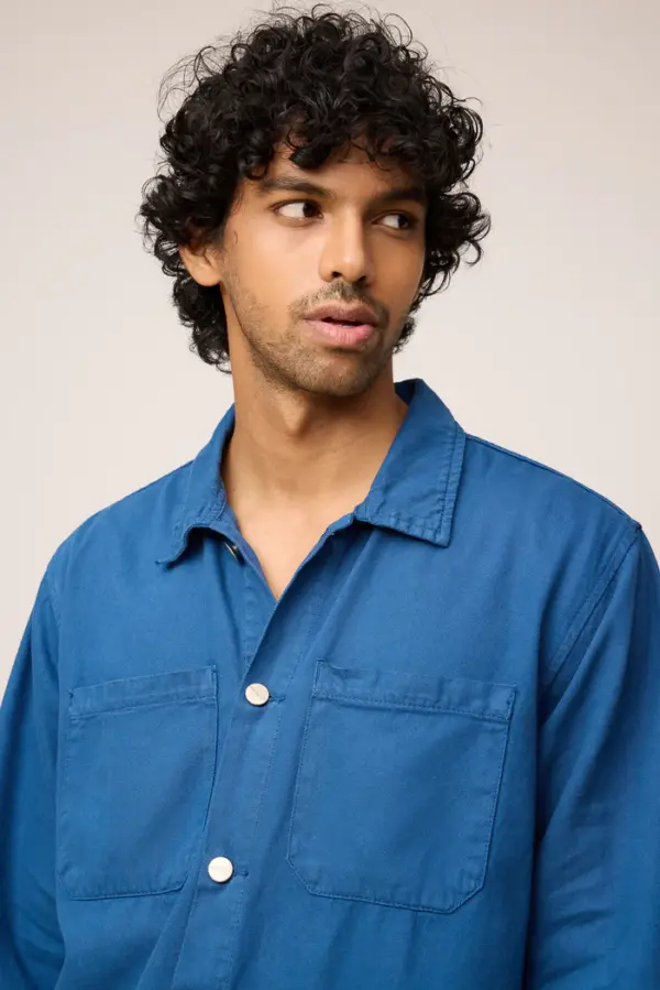 blue men’s long sleeve utility shacket