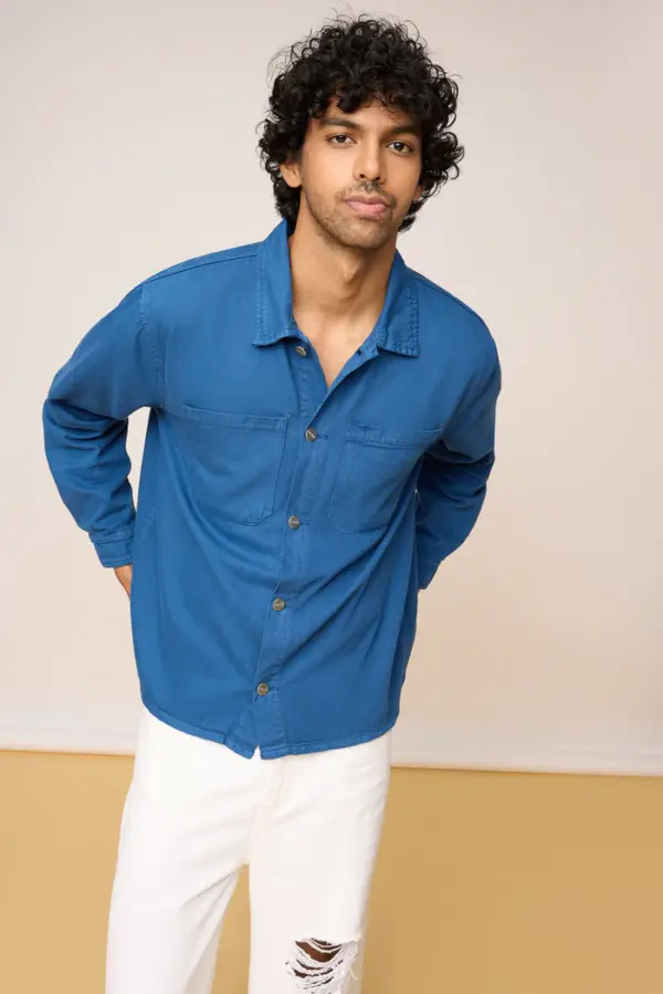blue men’s long sleeve utility shacket