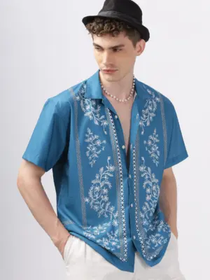 Blue border printed camp collar shirt for men