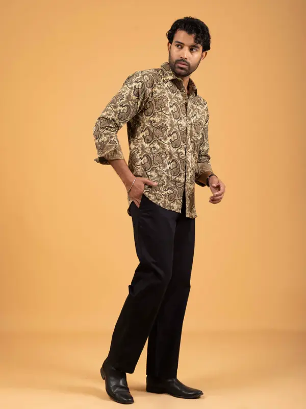Mens Brown Printed Full-Sleeve Cotton Shirt