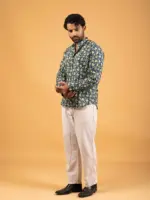 Mens Blue Printed Mandarin Collar Full-Sleeve Shirt