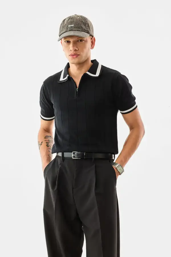 Ribbed Regular Fit Zipper Polo T-Shirt