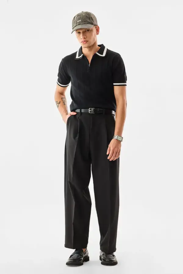 Ribbed Regular Fit Zipper Polo T-Shirt