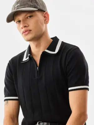 Ribbed Regular Fit Zipper Polo T-Shirt