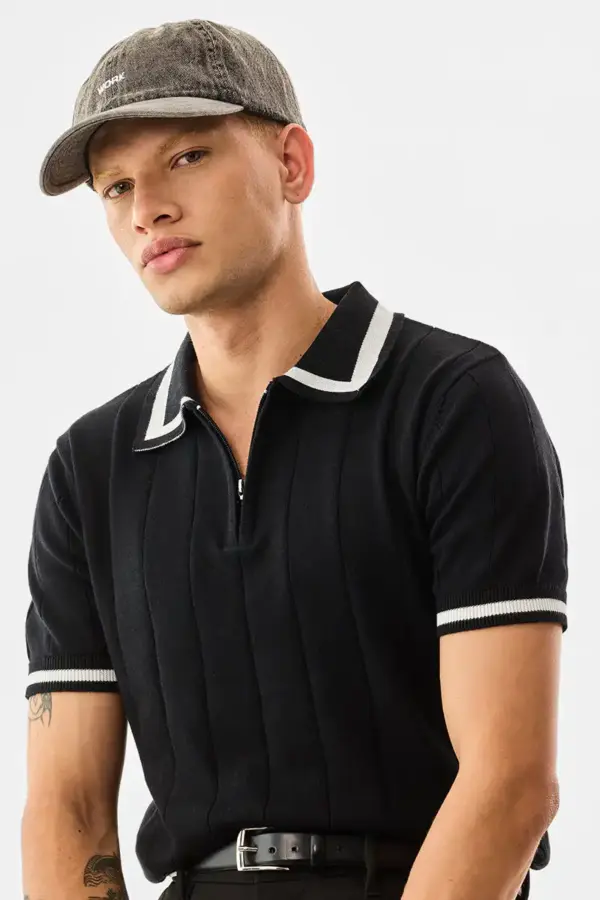 Ribbed Regular Fit Zipper Polo T-Shirt