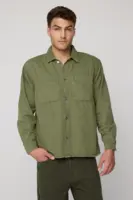olive green men’s long sleeve utility shacket