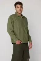 olive green men’s long sleeve utility shacket