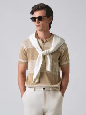 Beige Knitted Polo Zipper T-shirt