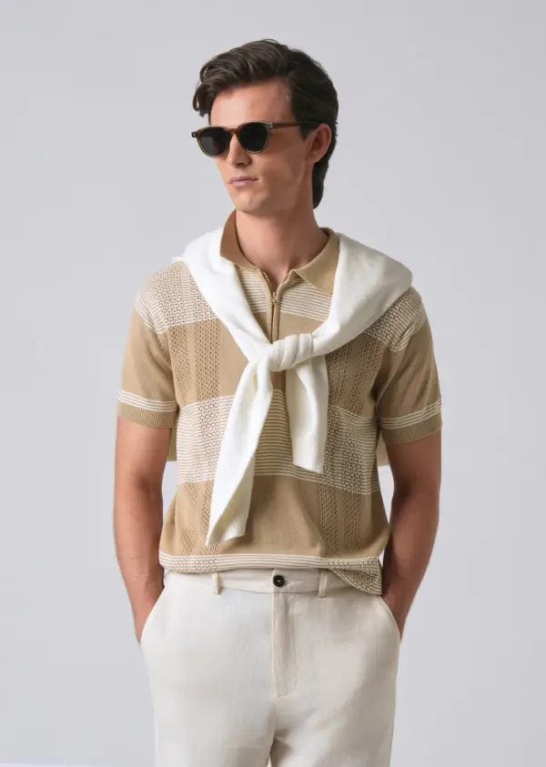 Beige Knitted Polo Zipper T-shirt