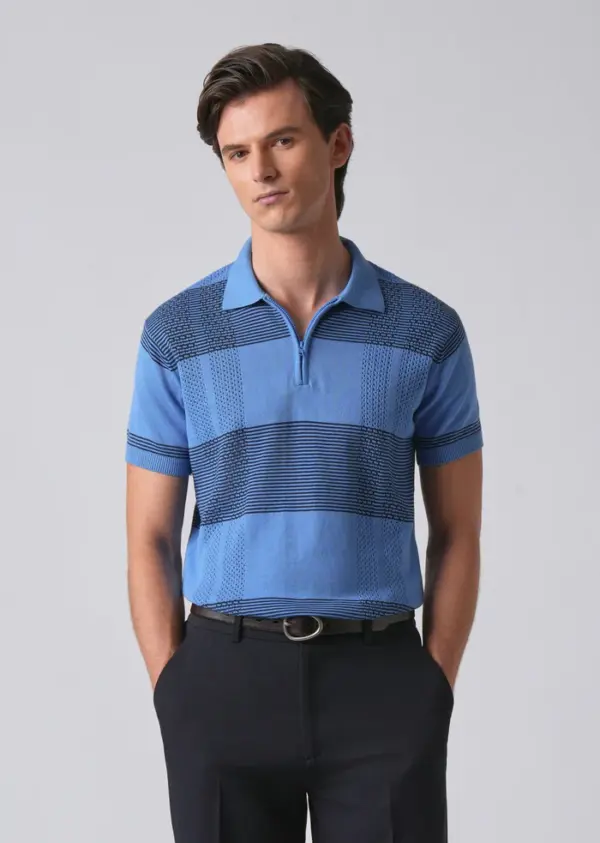 Blue Knitted Polo Zipper T-shirt