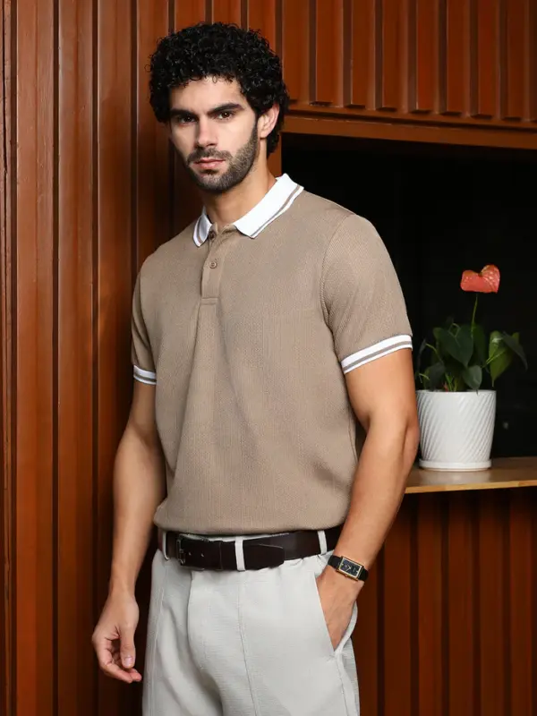 Open-Knit Block Polo T-Shirt