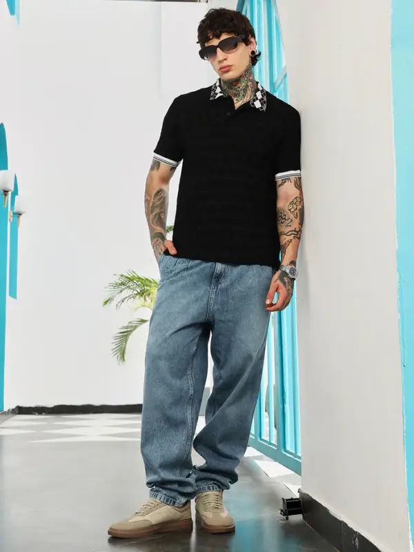 Block Argyle-Knit Polo T-Shirt