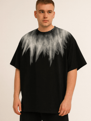 Unisex Black Oversized T-Shirt with White Flame Collar Print – Minimal Gothic Streetwear Tee