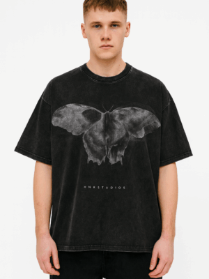Unisex Black Acid-Wash T-Shirt with Moth Print – Oversized Vintage Streetwear Tee