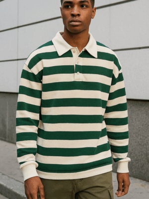 Retro Striped Rugby Collar Pullover – Green & White