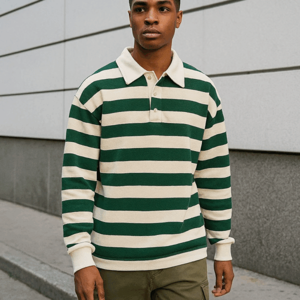 Retro Striped Rugby Collar Pullover – Green & White