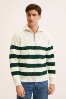 Striped Half-Zip Ribbed Knit Sweater – Ivory & Forest Green