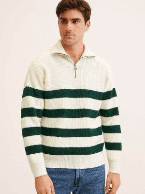 Striped Half-Zip Ribbed Knit Sweater – Ivory & Forest Green