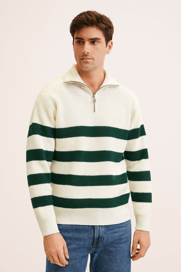 Striped Half-Zip Ribbed Knit Sweater – Ivory & Forest Green