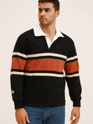 Retro Colorblock Rugby Polo Shirt – Black, Rust & Cream Stripes