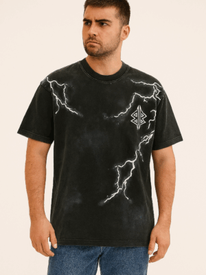 Balenciaga Thunderbolt Graphic T-Shirt – Black Acid Wash with Lightning Print