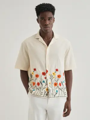 Cream Embroidered Cotton Linen Shirt