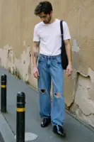 classic blue ripped men's straight jeans