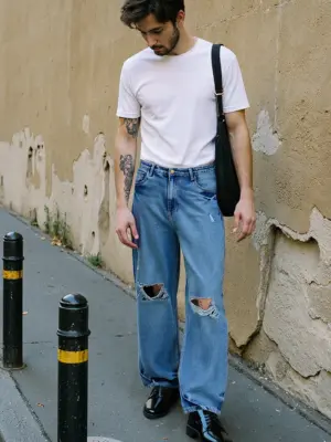 classic blue ripped men's straight jeans