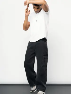 Stone black men's baggy straight cargo jeans
