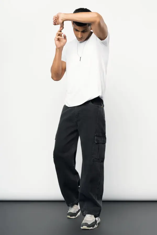 Stone black men's baggy straight cargo jeans