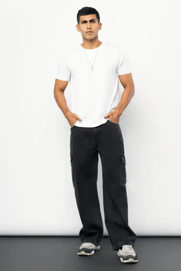 Stone black men's baggy straight cargo jeans