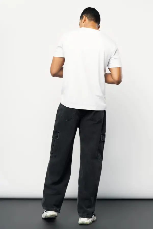 Stone black men's baggy straight cargo jeans