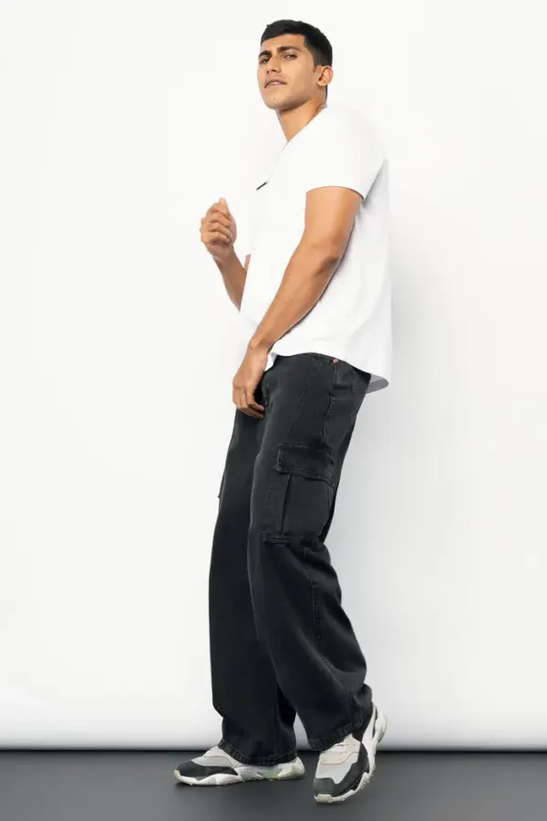 Stone black men's baggy straight cargo jeans