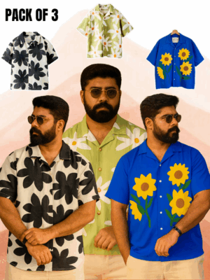 Pack of 3 Premium Floral Printed Shirts for Men – Summer Casual Beachwear | Black Daisy, Green Daisy, Blue Sunflower