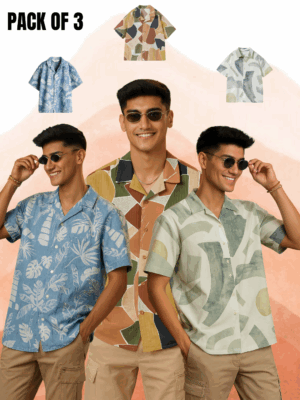 Pack of 3 Premium Printed Casual Shirts for Men – Tropical Blue Leaf, Abstract Earth Tones, and Modern Geometric Green | Summer Beach & Everyday Wear