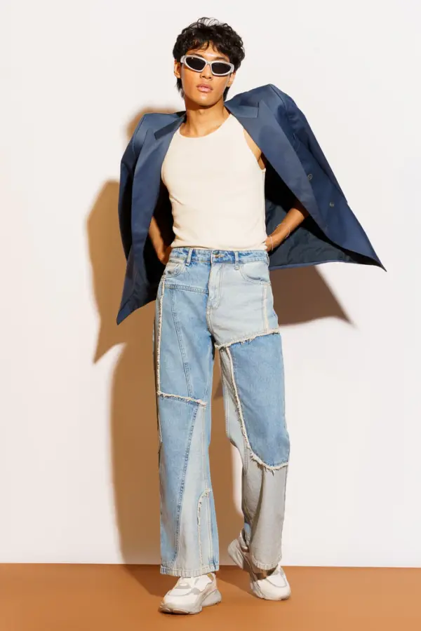 blue frayed panel men's straight jeans