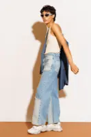 blue frayed panel men's straight jeans