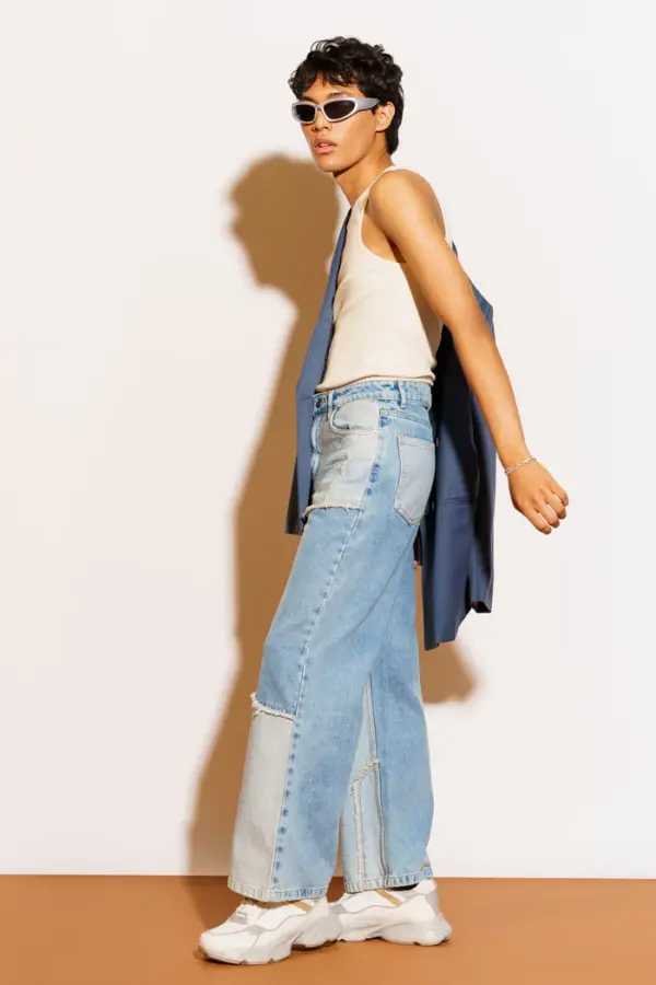 blue frayed panel men's straight jeans