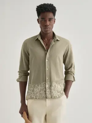 Olive Green Embroidered Cotton Linen Shirt