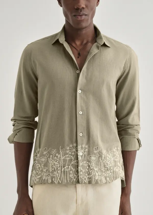 Olive Green Embroidered Cotton Linen Shirt