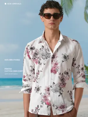 White Peony Dahlia Printed Cotton Linen Shirt