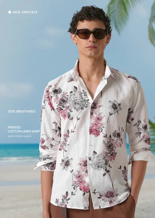 White Peony Dahlia Printed Cotton Linen Shirt