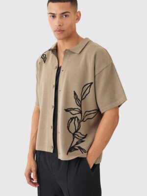 Boxy Jacquard Knit Floral Detail Shirt In Taupe