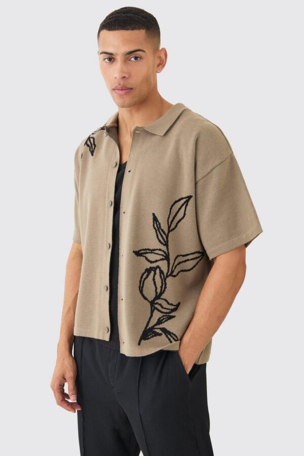 Boxy Jacquard Knit Floral Detail Shirt In Taupe